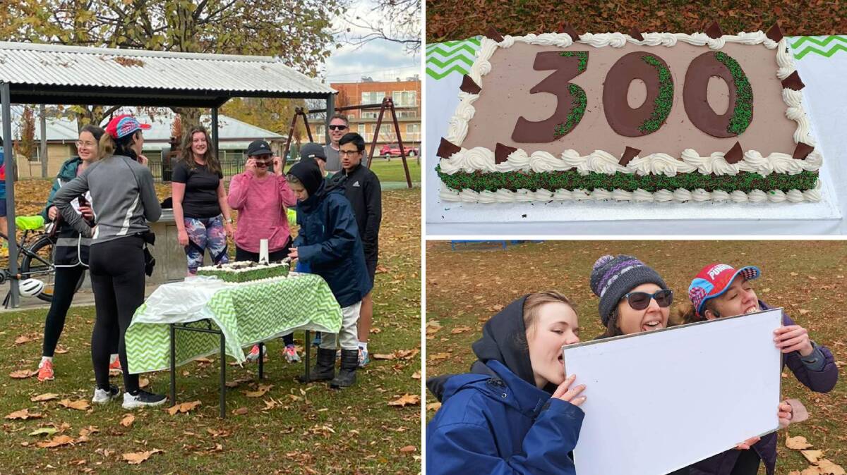 Parkrunners cut the cake to celebrate the 300th edition at Bathurst, before Scarlett Fox, Sharon Semmens and Jenn Arnold lick up the scraps. Picture supplied.