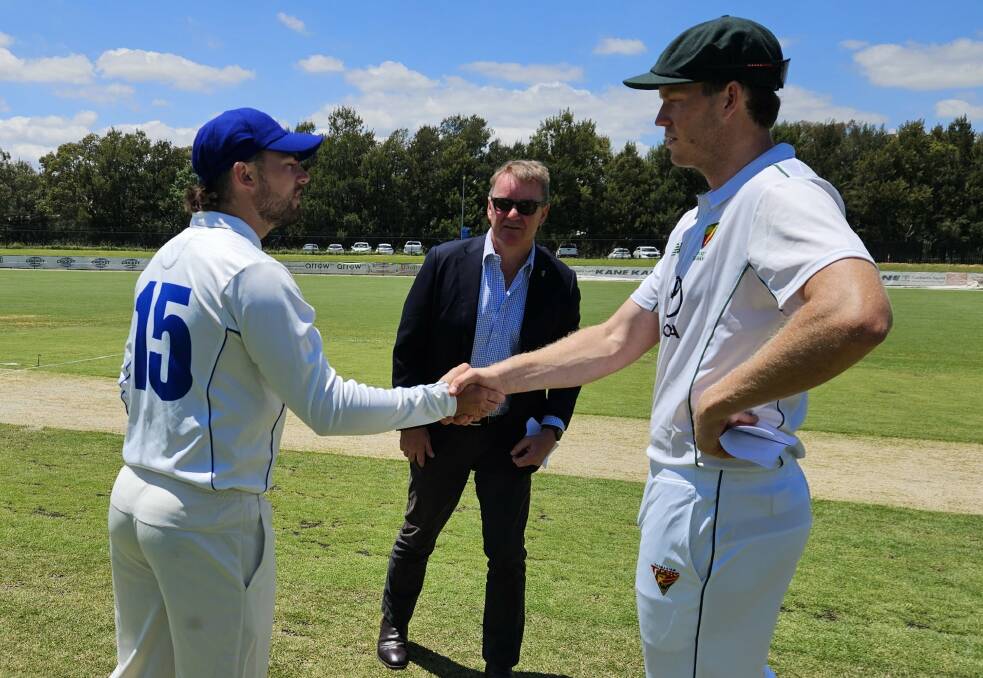 Nic Broes (left) at the coin toss for ACT's game against Tasmania. Picture by Cricket ACT.