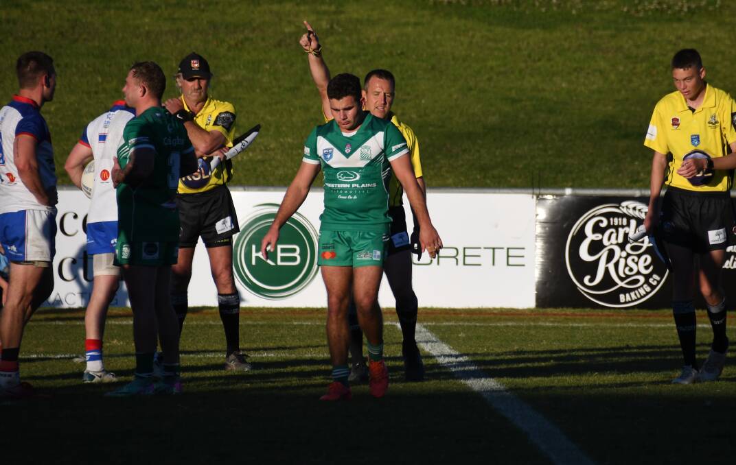 Alex Bonham of Dubbo CYMS is sent off during his side's win over Parkes last round. Picture by Nick Guthrie