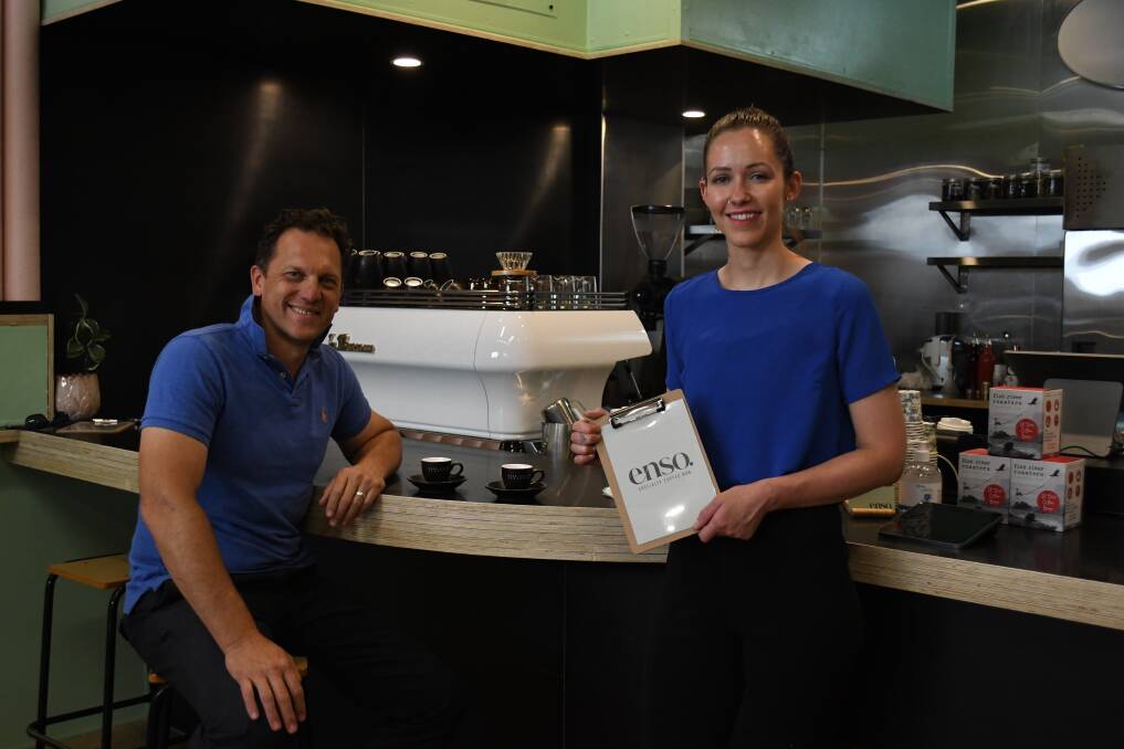Mayor Jess Jennings, pictured with business owner Sam Vos, was one of the first to try the coffee at Enso Specialty Coffee Bar. Picture by Rachel Chamberlain