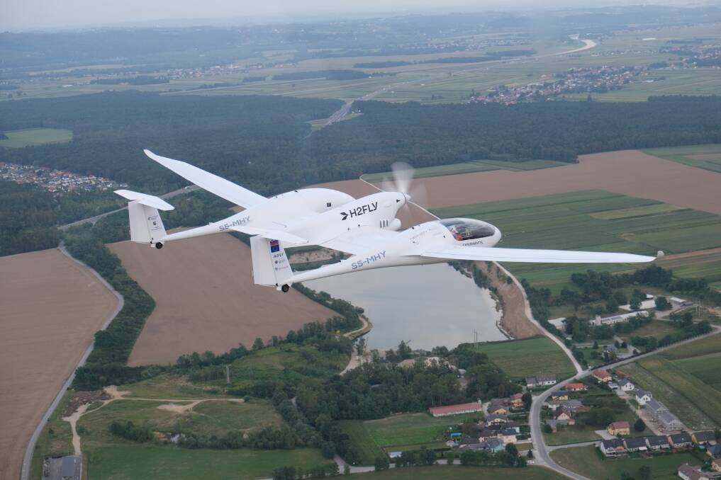 The HY4 aircraft flying above Maribor, Slovenia, in September, fueled by hydrogen. Picture courtesy of H2FLY