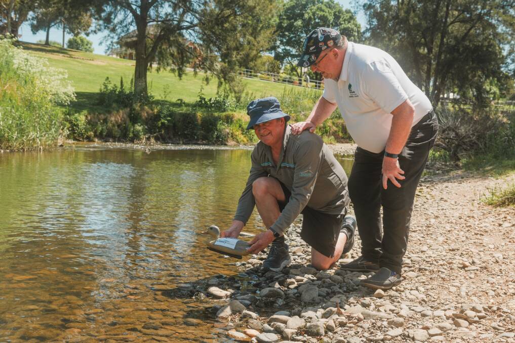 Rotary Club of Bathurst president Iain McKean preparing to launch a duck into the water alongside duck race coordinator Steve Semmens. Picture by James Arrow
