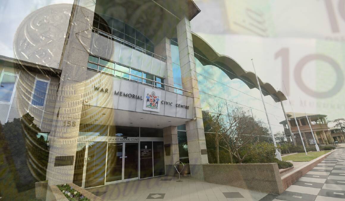 Coins and bank notes overlaid on a photo of the Bathurst civic centre. Picture file