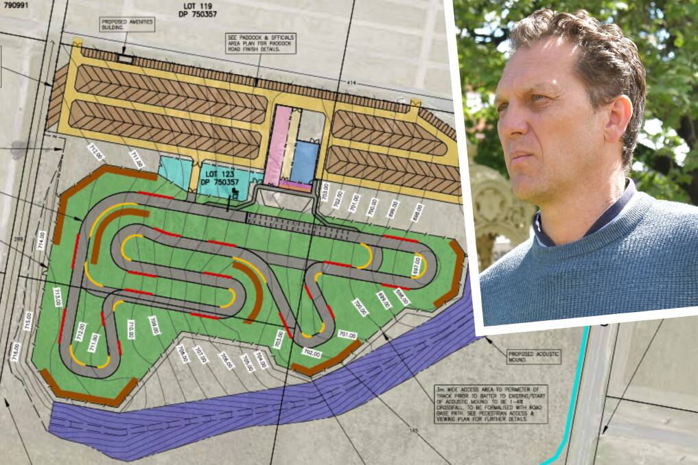 Bathurst Regional Council's overall site plan for the go-kart track (main photo) and mayor Jess Jennings (inset).