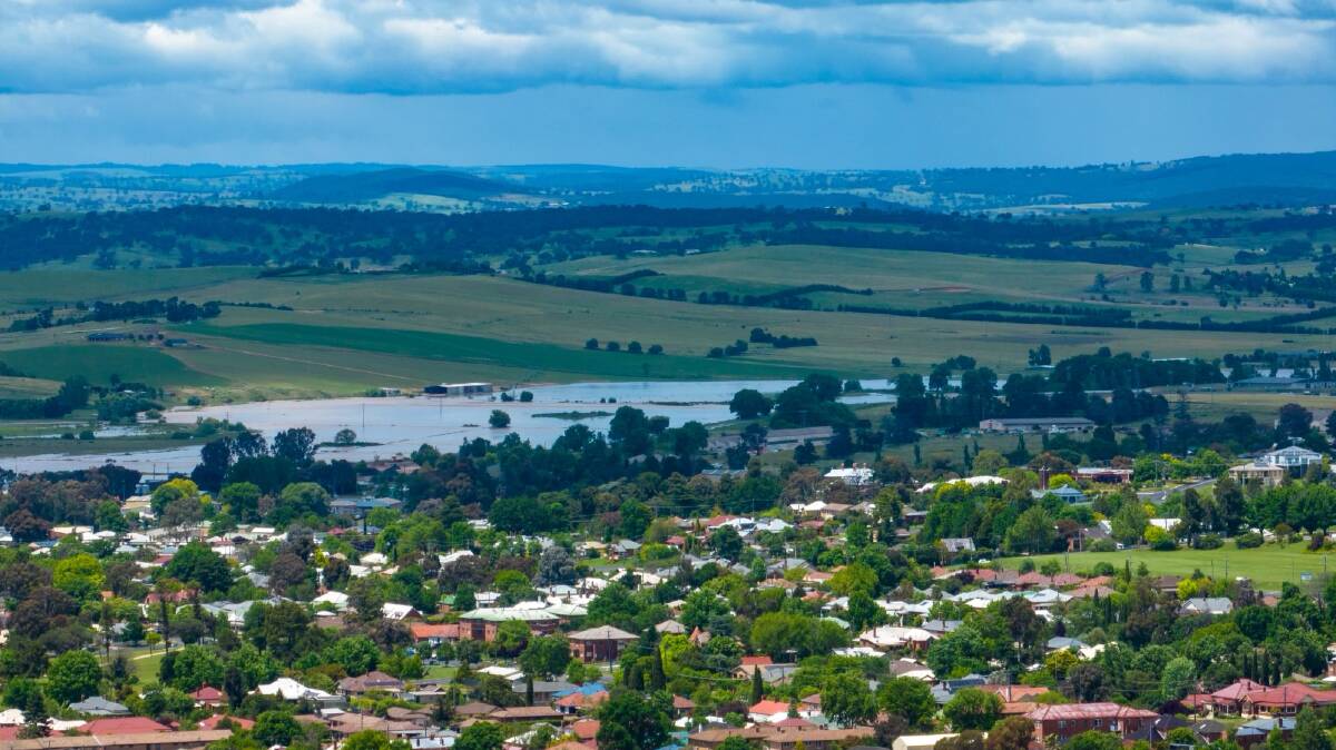 A drone shot showing the extent of flooding in Bathurst. Picture by Ben Fry