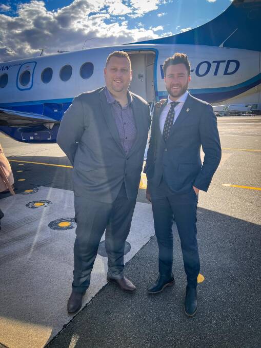 Deputy mayor Ben Fry (right) with FlyPelican chief executive officer Marty Hawley on the first day FlyPelican came to Bathurst. Picture supplied 