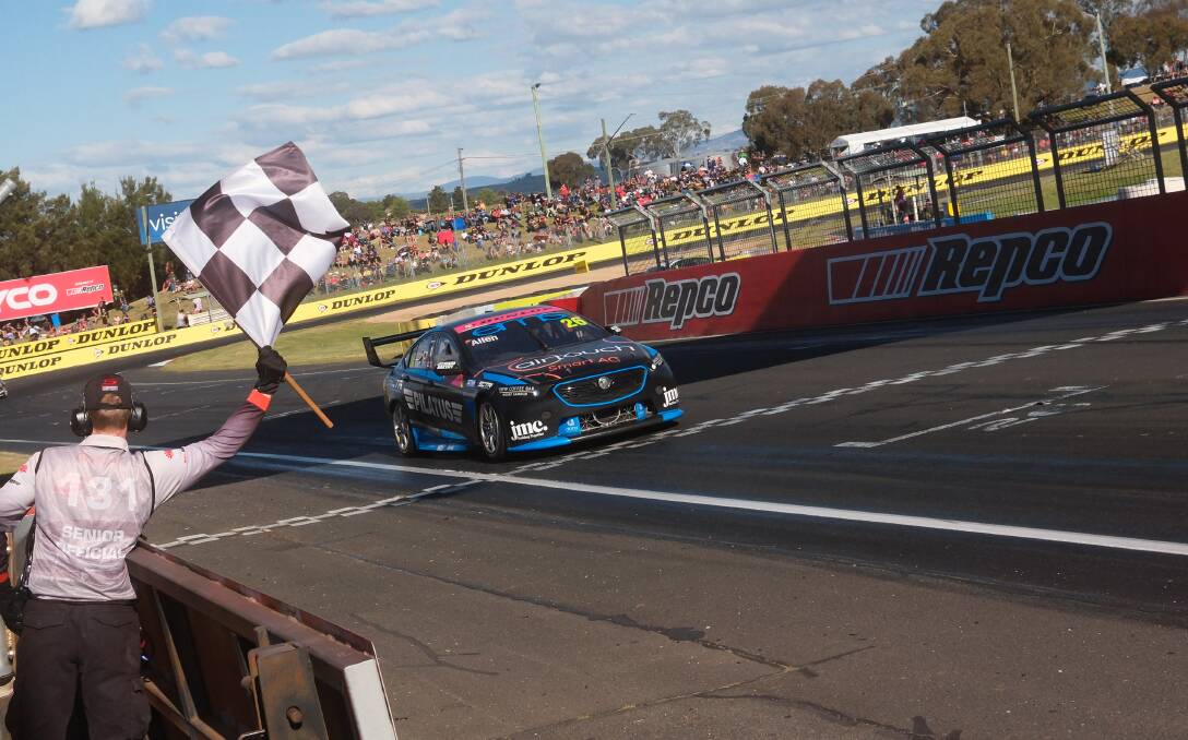 Kai Allen crossing the line in the Eggleston Motorsport Holden Commodore. Picture by James Arrow