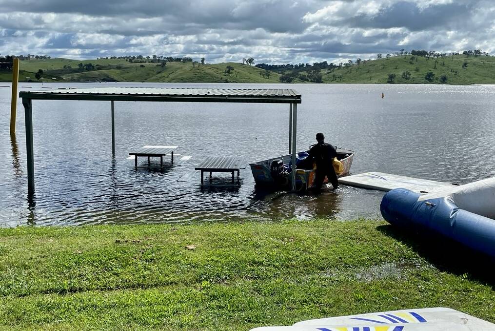 Water at Chifley Dam climbed well up the bank, affecting the setup of the Bathurst Aqua Park. Picture supplied 