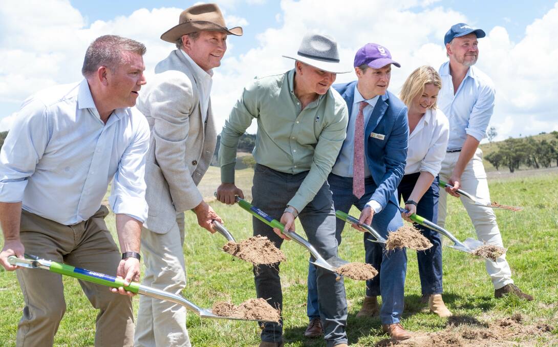Picture at the sod-turning of Uungula Wind Farm early this year are (from left) Dugald Saunders, NSW Nationals Leader & Dubbo MP; Andrew Forrest, Tattarang Chairman; Chris Bowen, Minister for Energy & Climate Change; Mathew Dickerson, Mayor, Dubbo Regional Council; Jackie Brown, APAC Commercial Director Onshore Wind, GE Vernova, and Jason Willoughby, Squadron Energy Chairman. Picture supplied