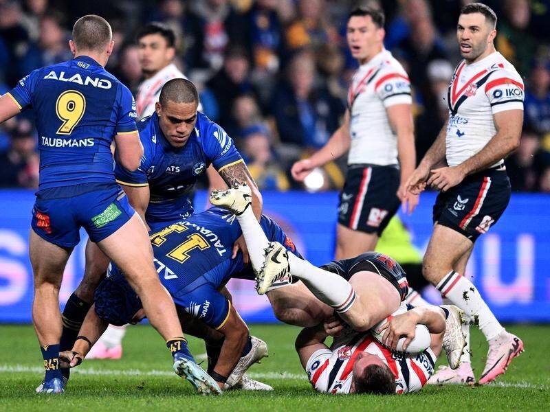 Kelma Tuilagi (11) was sent to the sin bin for his tackle on Sydney Roosters' Lindsay Collins. (Dan Himbrechts/AAP PHOTOS)