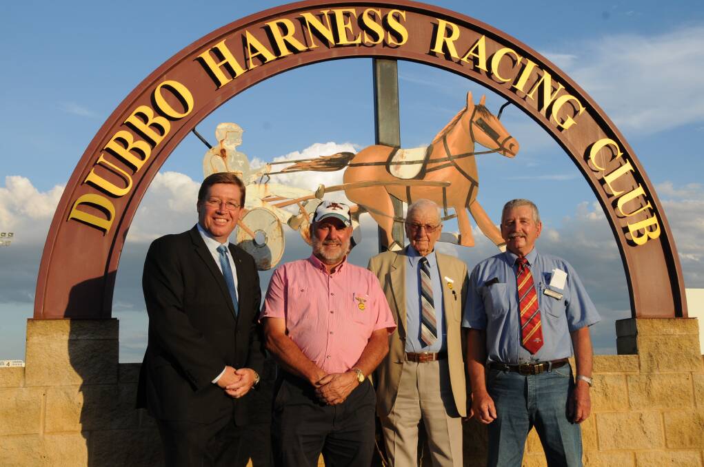 NSW Deputy Premier Troy Grant with new Dubbo Harness Racing Club life members David Wrigley and Jack Shanks and club president Len Edwards on Wednesday. 	Photo: BEN WALKER