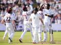 West Indies' Alzarri Joseph celebrates the wicket of England's Ben Duckett at the third Test. Photo: AP PHOTO