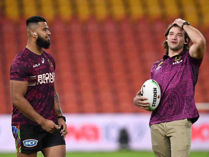 The battle between clubmates Payne Haas (l) and Patrick Carrigan will be key in Origin II. (Darren England/AAP PHOTOS)